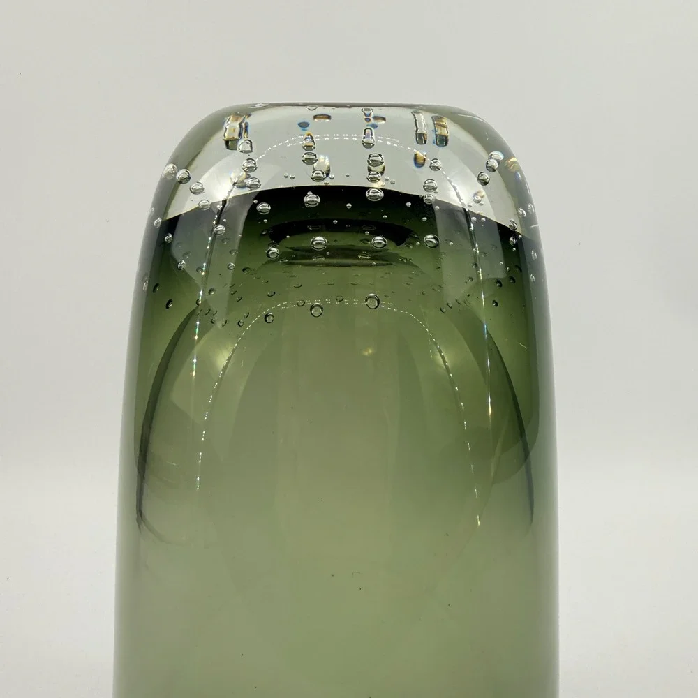Attributed Carl Erickson Studio Art Glass Olive Green Bubble Cylinder Vase